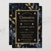 ネイビーエレガントブルーと金ゴールドバラフローラキンセアニェラ 招待状 (正面/裏面)