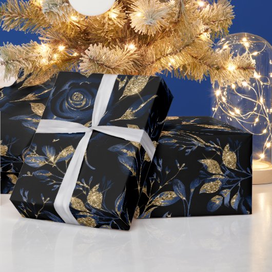 ネイビーエレガントブルーと金ゴールドバラフローラルパターン ラッピングペーパー (クリスマス)