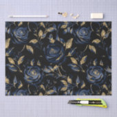 ネイビーエレガントブルーと金ゴールドバラフローラルパターン 薄葉紙 (クラフト)