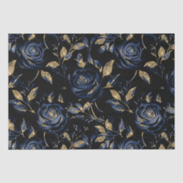 ネイビーエレガントブルーと金ゴールドバラフローラルパターン 薄葉紙