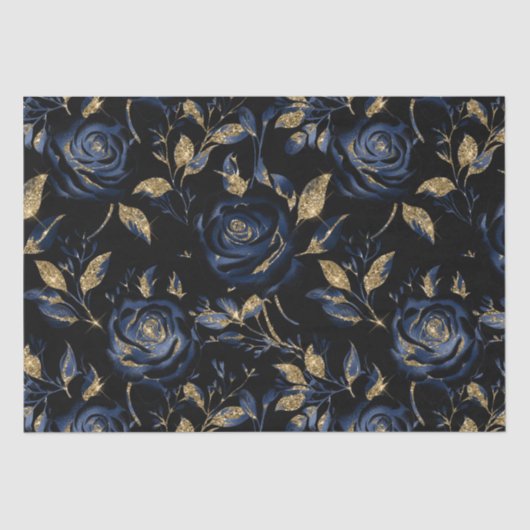 ネイビーエレガントブルーと金ゴールドバラフローラルパターン 薄葉紙 (正面)