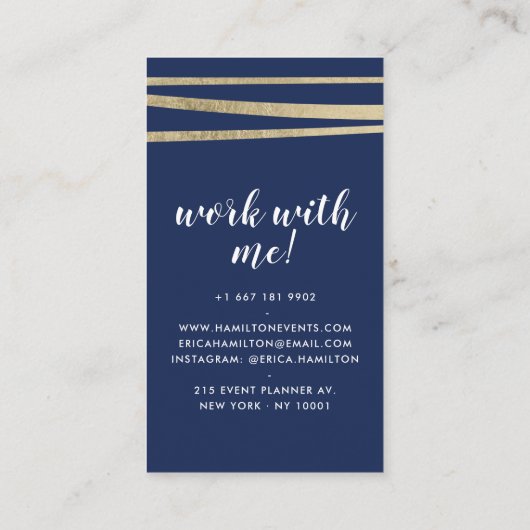 ネイビーエレガントブルーと金ゴールドフォイルの幾何ストライプの図形 名刺 (裏面)