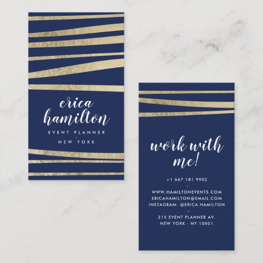 ネイビーエレガントブルーと金ゴールドフォイルの幾何ストライプの図形 名刺 (正面/裏面)