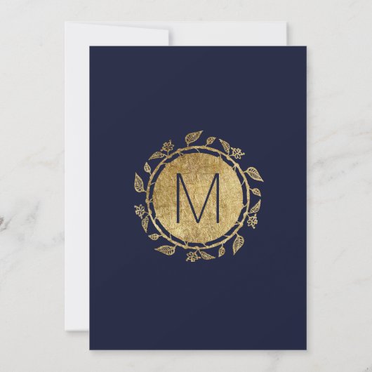 ネイビーエレガントブルーと金ゴールドフローラ婚約 招待状 (裏面)