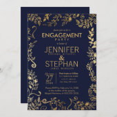 ネイビーエレガントブルーと金ゴールドフローラ婚約 招待状 (正面/裏面)