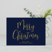 ネイビーエレガントブルーと金ゴールドメリークリスマス金ゴールド 箔シーズンカード (立ち正面)