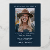 ネイビーエレガントブルーと金ゴールド写真卒業 箔招待状 (裏面)