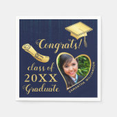 ネイビーエレガントブルーと金ゴールド写真2025卒業 スタンダードカクテルナプキン (正面)