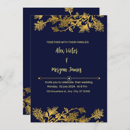ネイビーエレガントブルーと金ゴールド結婚式招待状 招待状 (正面/裏面)