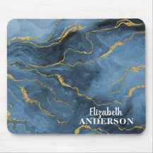 ネイビーエレガントブルーアゲイト大理石モノグラム名