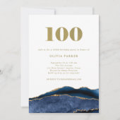 ネイビーエレガントブルーアゲートと金ゴールド |第100誕生日 招待状 (正面)