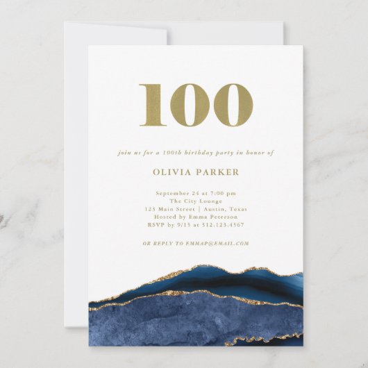 ネイビーエレガントブルーアゲートと金ゴールド |第100誕生日 招待状 (正面)