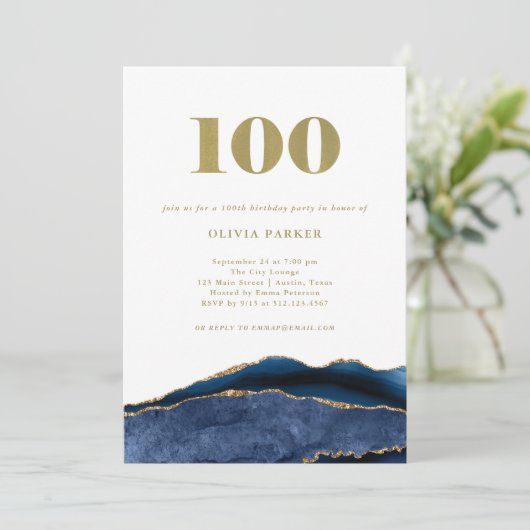 ネイビーエレガントブルーアゲートと金ゴールド |第100誕生日 招待状 (スタンド正面)