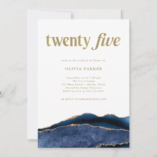 ネイビーエレガントブルーアゲートと金ゴールド |第25誕生日 招待状 (正面)