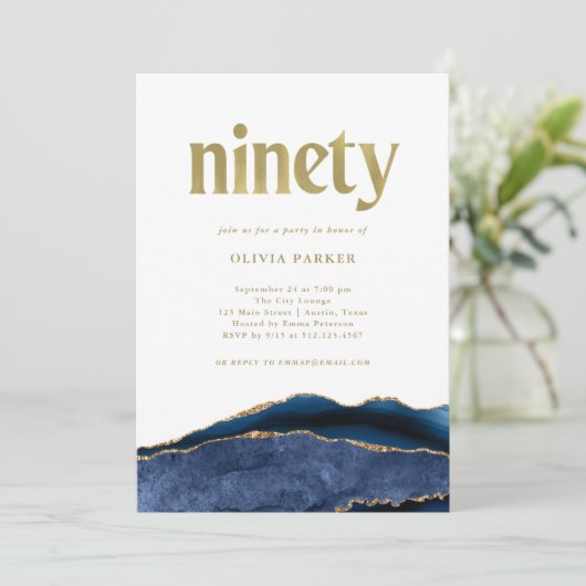 ネイビーエレガントブルーアゲートと金ゴールド |第90誕生日 招待状 (スタンド正面)