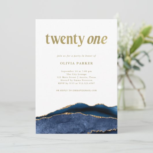 ネイビーエレガントブルーアゲートと金ゴールド | 21歳の誕生日 招待状 (スタンド正面)