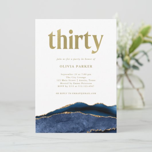 ネイビーエレガントブルーアゲートと金ゴールド | 30th誕生日 招待状 (スタンド正面)