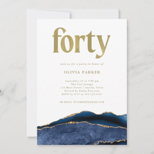 ネイビーエレガントブルーアゲートと金ゴールド | 40th誕生日 招待状 (正面)