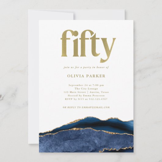 ネイビーエレガントブルーアゲートと金ゴールド | 50誕生日 招待状 (正面)