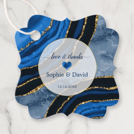 ネイビーエレガントブルーアゲート金ゴールドマーブル結婚ズ フェイバータグ (正面)