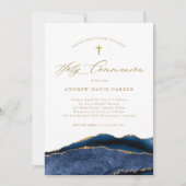 ネイビーエレガントブルーアゲート金ゴールド第一聖餐式 招待状 (正面)