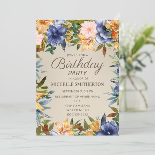 ネイビーエレガントブルーイエローフローラ女子誕生日 招待状 (スタンド正面)