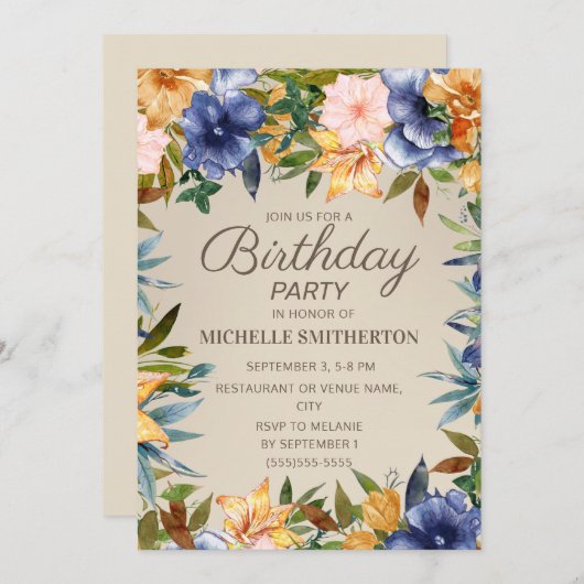 ネイビーエレガントブルーイエローフローラ女子誕生日 招待状 (正面/裏面)