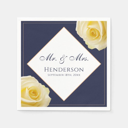 ネイビーエレガントブルーイエローローズフローラ結婚披露宴 スタンダードカクテルナプキン (正面)
