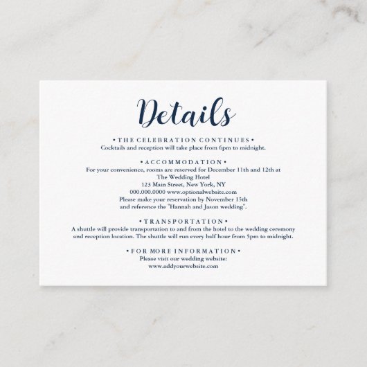 ネイビーエレガントブルーウィンターウェディング詳細 エンクロージャーカード (正面)