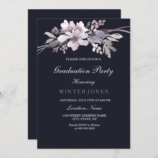 ネイビーエレガントブルーウィンターフローラ卒業招待状 招待状 (正面/裏面)