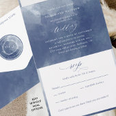 ネイビーエレガントブルーウォーターカラーモノグラム結婚ズ オールインワン招待状