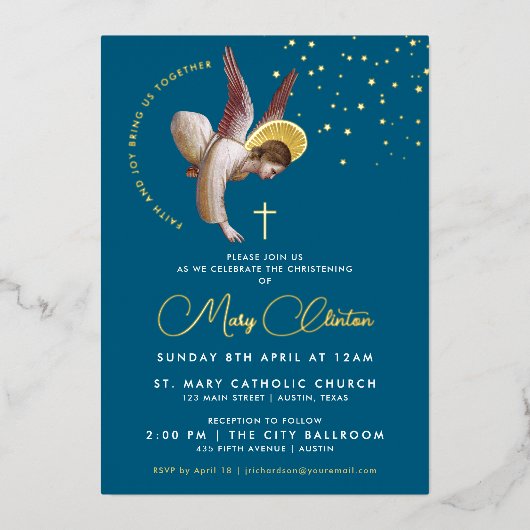 ネイビーエレガントブルーエンジェルクロス宗教バプテスマ 箔招待状 (正面)