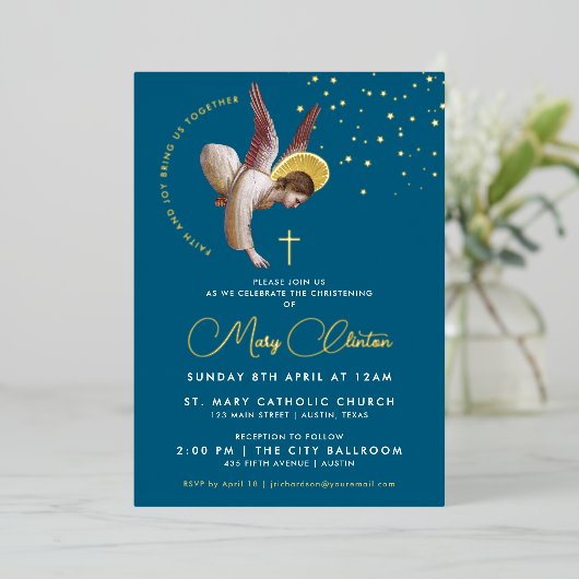 ネイビーエレガントブルーエンジェルクロス宗教バプテスマ 箔招待状 (立ち正面)
