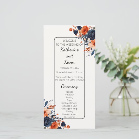 ネイビーエレガントブルーオレンジフローラ結婚式 プログラム (スタンド正面)