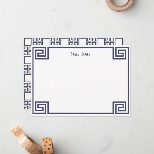 ネイビーエレガントブルーギリシャ鍵縁どパーソナライズされた ノートカード (正面/裏面インサイチュ)