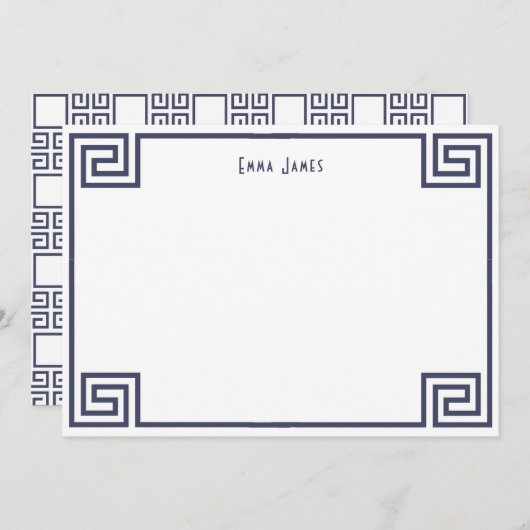 ネイビーエレガントブルーギリシャ鍵縁どパーソナライズされた ノートカード (正面/裏面)