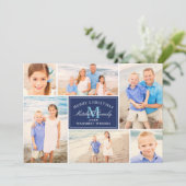 ネイビーエレガントブルークリスマスモノグラム写真コラージュ シーズンカード (スタンド正面)