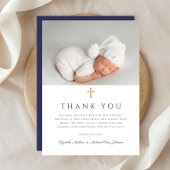 ネイビーエレガントブルークロスボーイバプテスマ写真 サンキューカード