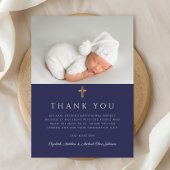 ネイビーエレガントブルークロスボーイバプテスマ写真 サンキューカード