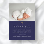 ネイビーエレガントブルークロスボーイバプテスマ写真 サンキューカード