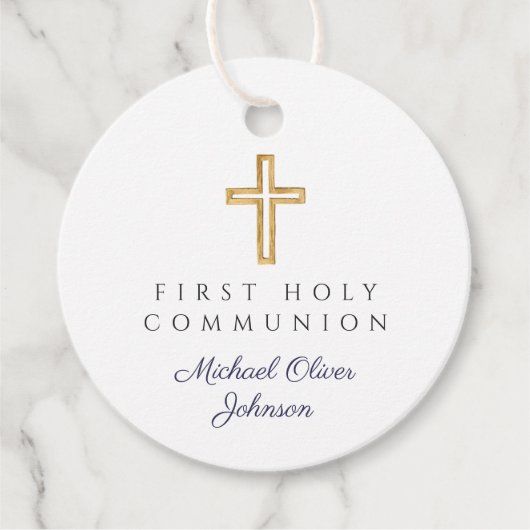 ネイビーエレガントブルークロスボーイファーストコミューニオンラウンド フェイバータグ (正面)