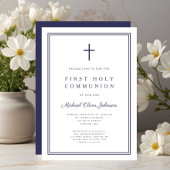 ネイビーエレガントブルークロスボーイファースト聖餐式 招待状