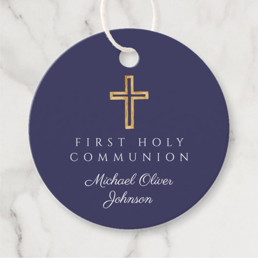 ネイビーエレガントブルークロス第1コミュニオンラウンド フェイバータグ (正面)