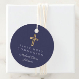 ネイビーエレガントブルークロス第1コミュニオンラウンド フェイバータグ