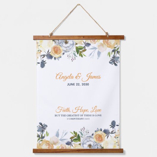 ネイビーエレガントブルーコーラルウォーターフローラズ結婚 吊り下げ型タペストリー (正面)