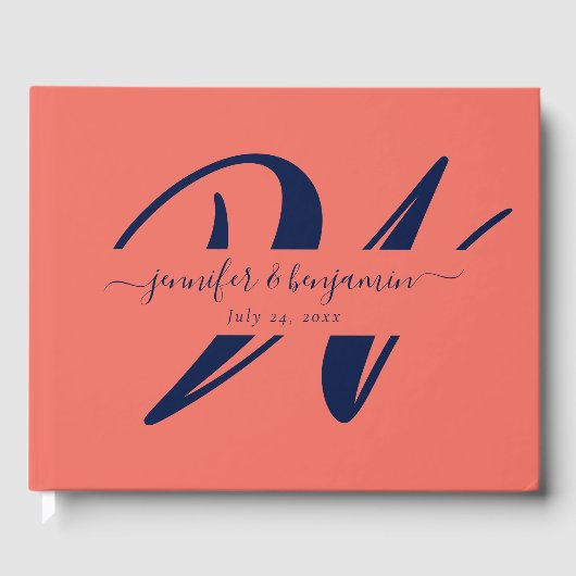 ネイビーエレガントブルーコーラルスクリプトモノグラム結婚ズ ゲストブック (正面)