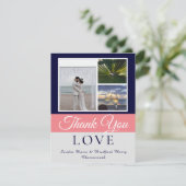 ネイビーエレガントブルーコーラルピンク結婚クの写真コラージュ サンキューカード (スタンド正面)