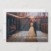 ネイビーエレガントブルーコーラルフローラフォトたった今結婚しました 案内状 (正面)