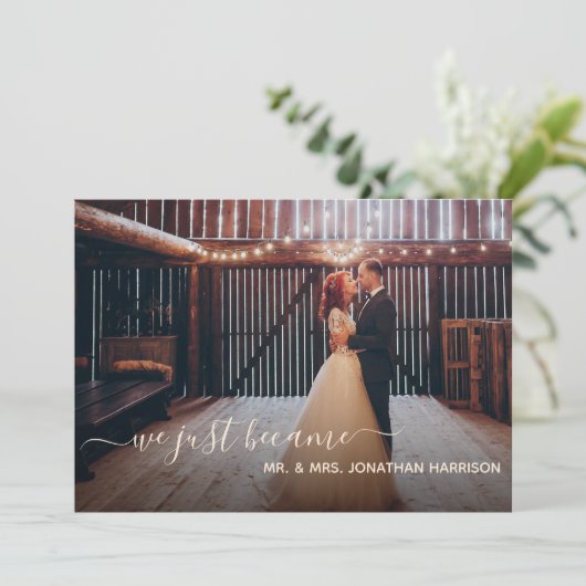 ネイビーエレガントブルーコーラルフローラフォトたった今結婚しました 案内状 (スタンド正面)