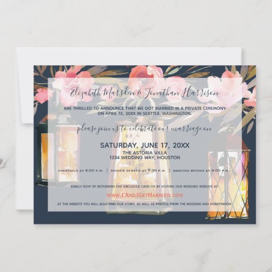 ネイビーエレガントブルーコーラルフローラフォトたった今結婚しました 案内状 (裏面)